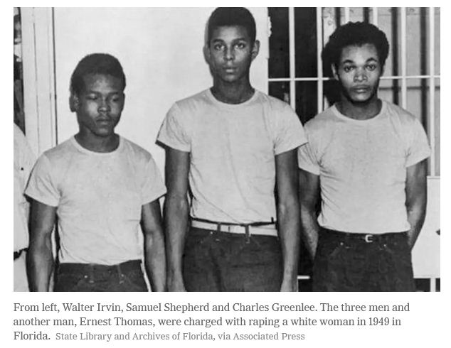 From left, Walter Irvin, Samuel Shepherd and Charles Greenlee. The three men and another man, Ernest Thomas, were charged with raping a white woman in 1949 in Florida.Credit...State Library and Archives of Florida, via Associated Press